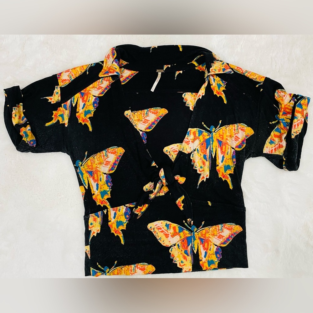Free People black with multi color butterfly crop top.